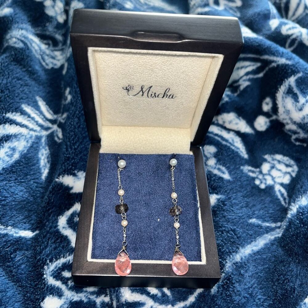 Mischa Sterling Silver Dangle Earrings pearls, cherry quartz, smoky quartz